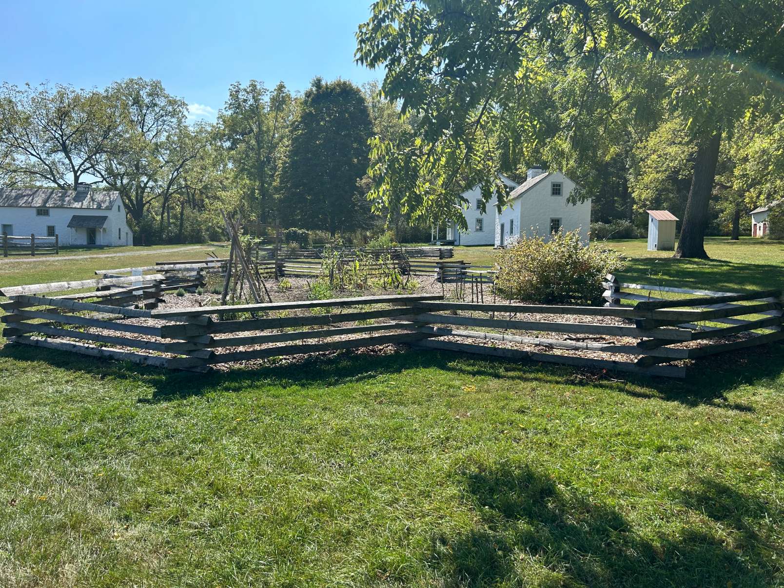 Garden with a split-rail fence and white houses, compressed to 500 KB