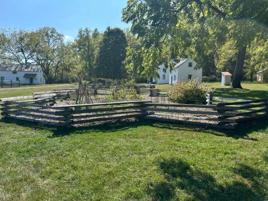 Garden with a split-rail fence and white houses, compressed to 50 KB